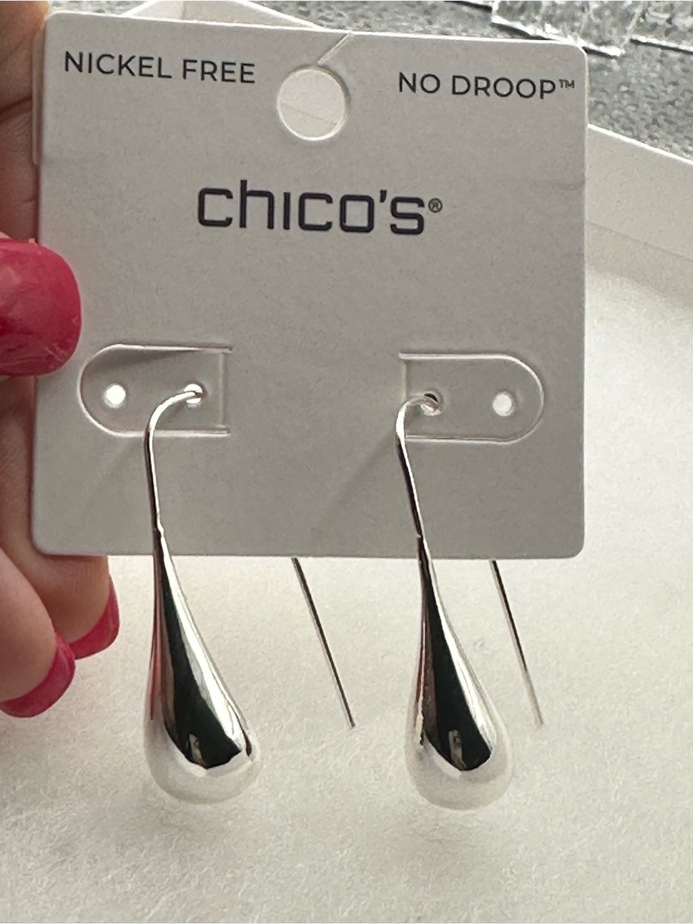 Chico's No Droop Silver Tone Teardrop Threader Earrings, NWT